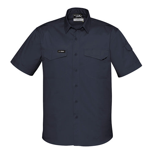 Syzmik Rugged Cooling Ripstop S/S Shirt featuring a modern fit, chest and arm pockets, and mesh venting for breathability. Ideal for active safety environments with 100% cotton ripstop fabric for enhanced movement.