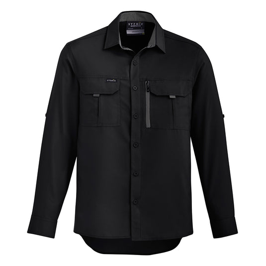 Syzmik Outdoor Long Sleeve Work Shirt featuring two chest pockets, including a zip pocket for mobile phones, roll-up tab sleeves, and underarm mesh for ventilation, ideal for workwear enthusiasts.