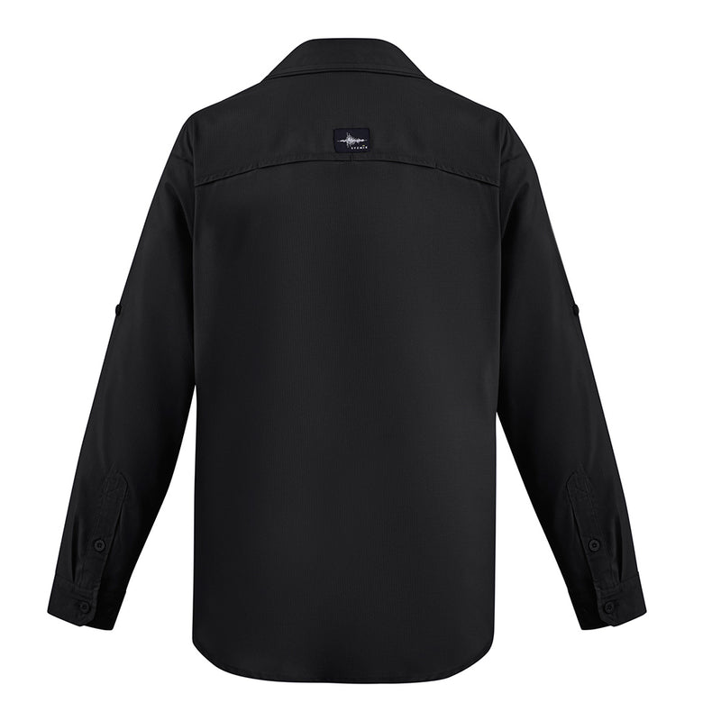 Load image into Gallery viewer, Syzmik Outdoor Long Sleeve Work Shirt, showcasing lightweight fabric with underarm mesh and upper back venting for airflow, roll-up tab sleeves, and multiple pockets, ideal for active work environments.