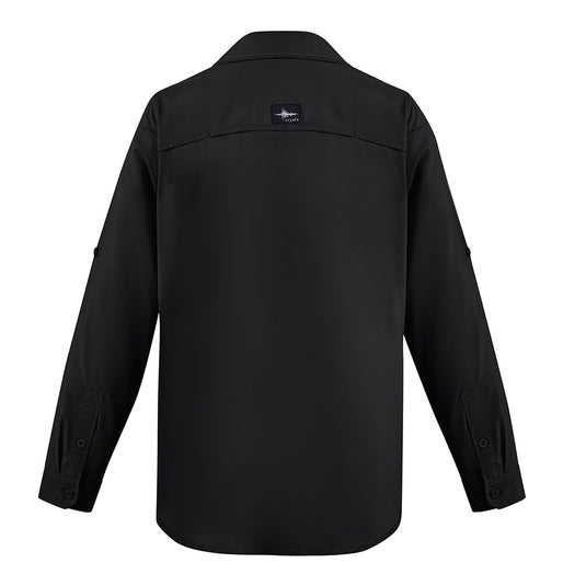 Syzmik Outdoor Long Sleeve Work Shirt, showcasing lightweight fabric with underarm mesh and upper back venting for airflow, roll-up tab sleeves, and multiple pockets, ideal for active work environments.
