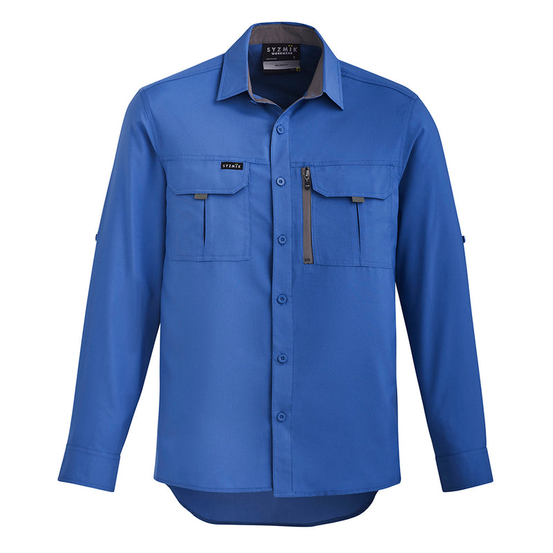 Load image into Gallery viewer, Syzmik Outdoor Long Sleeve Work Shirt, featuring breathable lightweight fabric with roll-up tab sleeves, two chest pockets, and upper back venting, designed for optimal comfort and functionality in active work environments.