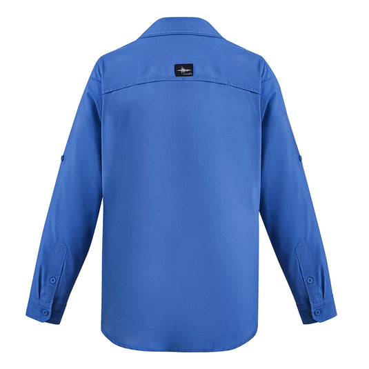 Syzmik Outdoor Long Sleeve Work Shirt featuring breathable mesh underarms, upper back venting, and roll-up tab sleeves. Designed for comfort with two chest pockets, including one with a mobile phone zip.