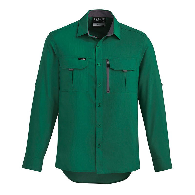 Load image into Gallery viewer, Syzmik Outdoor Long Sleeve Work Shirt featuring roll-up tab sleeves, two chest pockets, and a mobile phone chest zip pocket, designed for breathability with underarm mesh and upper back venting.
