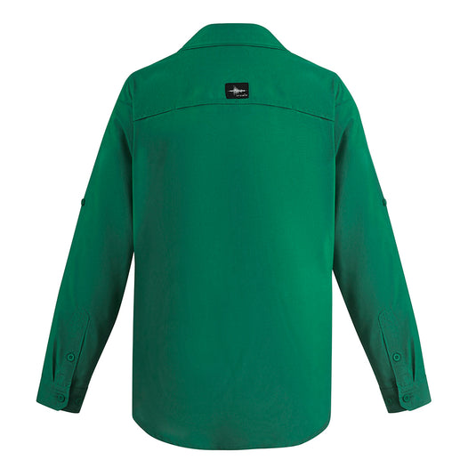 Syzmik Outdoor Long Sleeve Work Shirt featuring a logo, designed with breathable polyester ripstop, mesh underarm areas, and upper back venting, includes roll-up tab sleeves and multiple chest pockets.