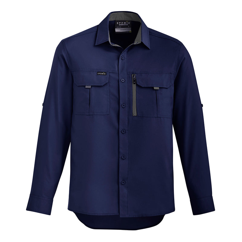 Load image into Gallery viewer, Syzmik Outdoor Long Sleeve Work Shirt with button-up front, roll-up tab sleeves, and two chest pockets, featuring breathable underarm mesh and upper back venting, ideal for active work environments.