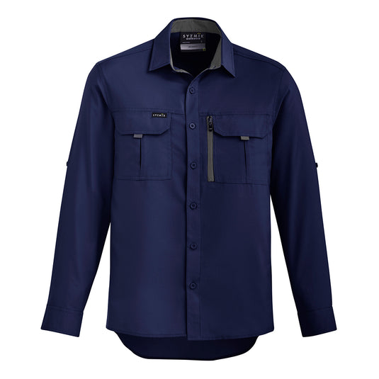 Syzmik Outdoor Long Sleeve Work Shirt with button-up front, roll-up tab sleeves, and two chest pockets, featuring breathable underarm mesh and upper back venting, ideal for active work environments.