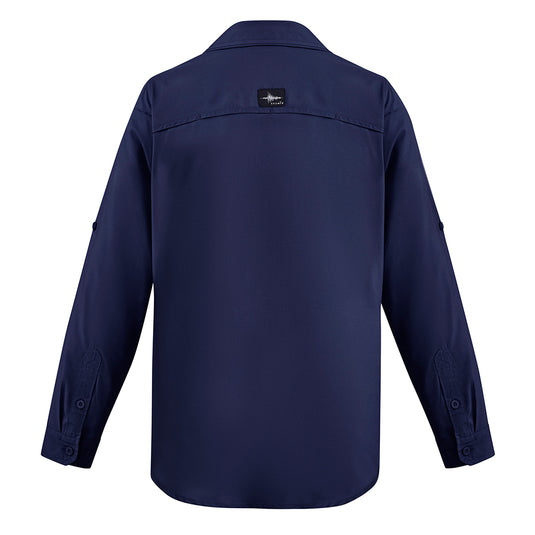 Syzmik Outdoor Long Sleeve Work Shirt showcasing roll-up tab sleeves, chest pockets, and venting features for enhanced airflow, tailored for durability and comfort in active work environments.