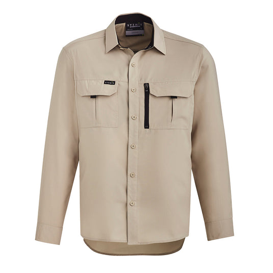 Syzmik Outdoor Long Sleeve Work Shirt, featuring long sleeves with roll-up tabs, two chest pockets, and a mobile phone zip pocket. Designed for maximum breathability and easy packing, ideal for active safety environments.