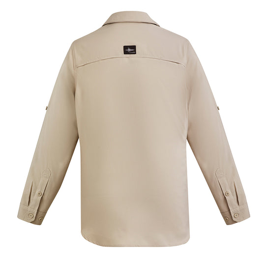 Syzmik Outdoor Long Sleeve Work Shirt showcasing its breathable, lightweight fabric with underarm mesh and upper back venting, featuring chest pockets, roll-up sleeves, and a modern fit, ideal for active work environments.