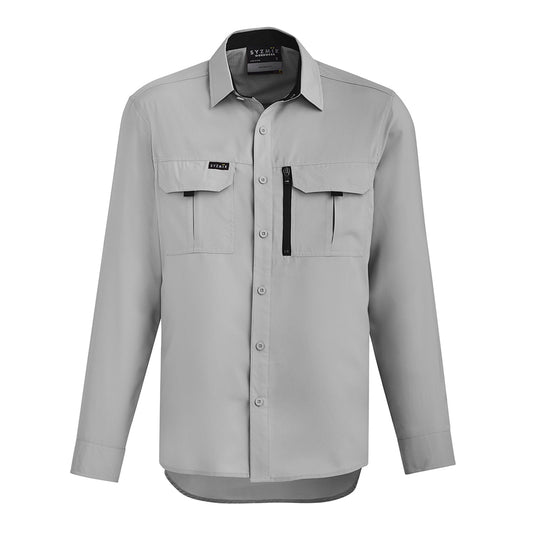 Syzmik Outdoor Long Sleeve Work Shirt featuring a modern fit, roll-up tab sleeves, and chest pockets. Ideal for active safety environments with breathable, lightweight fabric and venting for maximum airflow.