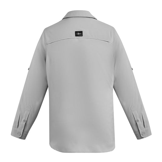 Syzmik Outdoor Long Sleeve Work Shirt featuring a back view showcases its breathable, lightweight polyester design with roll-up tab sleeves, chest pockets, and contrast inside placket, ideal for active safety work environments.