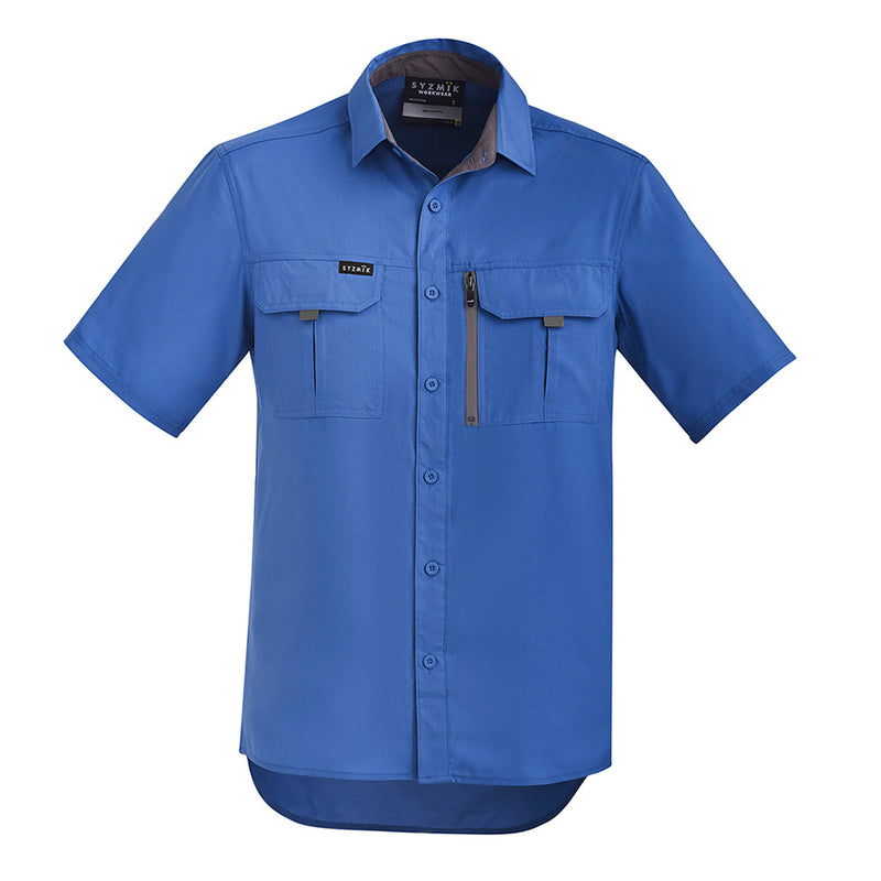 Load image into Gallery viewer, Syzmik Outdoor Ripstop Work Shirt with two chest pockets and a mobile phone zip pocket, featuring breathable mesh underarms and upper back venting, ideal for active work environments.