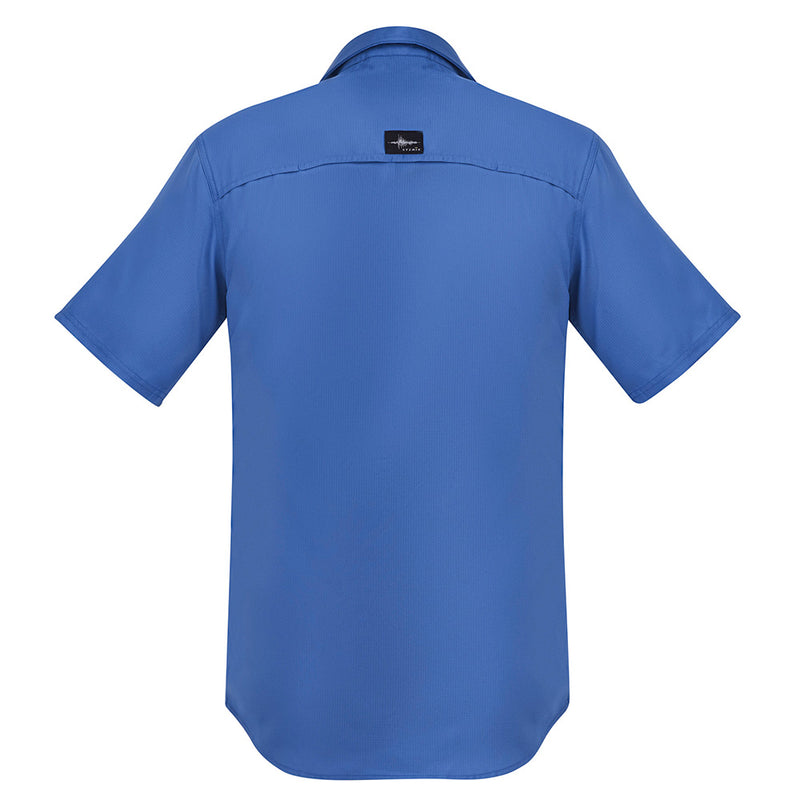 Load image into Gallery viewer, Syzmik Outdoor Ripstop Work Shirt, featuring a logo on the back, short sleeves, and two chest pockets, designed with breathable fabric and mesh venting for optimal airflow and easy packing.