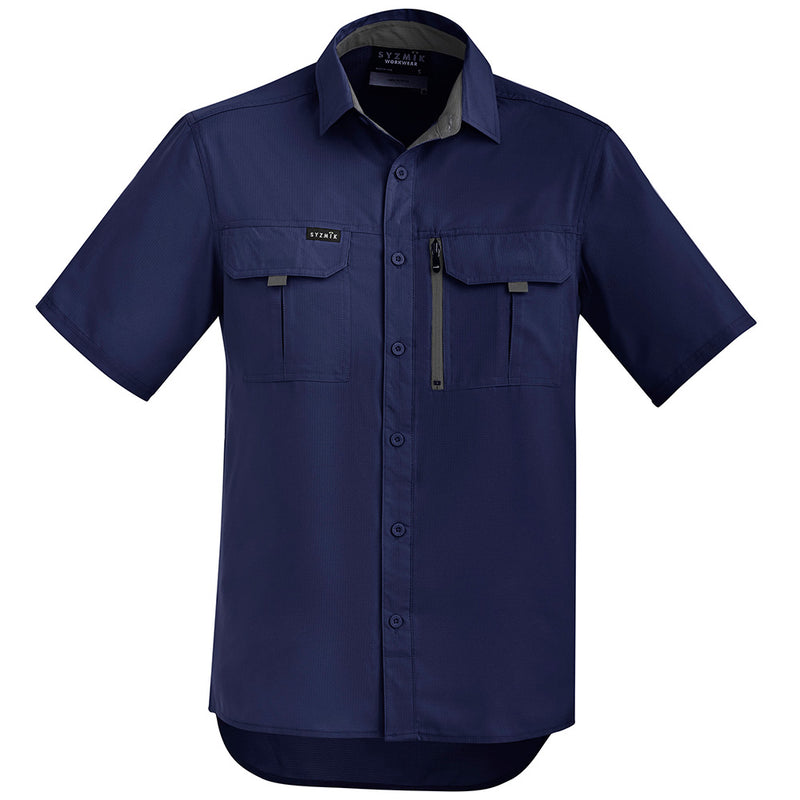 Load image into Gallery viewer, Syzmik Outdoor Ripstop Work Shirt showcasing its modern fit, features two chest pockets, one zippered for a mobile phone, and extra-large underarm mesh for ventilation, ideal for active safety environments.