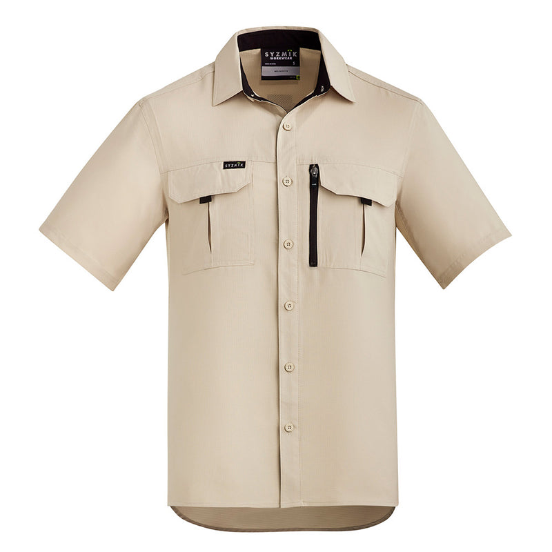 Load image into Gallery viewer, Syzmik Outdoor Ripstop Work Shirt featuring short sleeves, button-down design with two chest pockets, including a mobile phone zip pocket, and a modern fit, ideal for breathable, lightweight workwear.