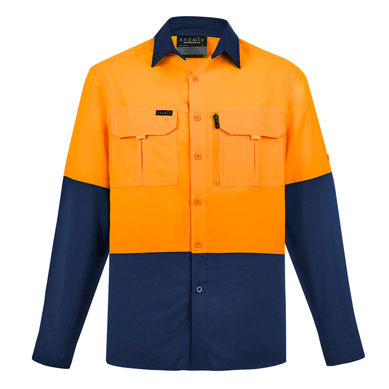 Load image into Gallery viewer, Syzmik Hi Vis L/S Outdoor Work Shirt featuring two chest pockets including a zip closure, roll-up tab sleeves, and underarm mesh for ventilation, designed for lightweight and breathable comfort in work environments.