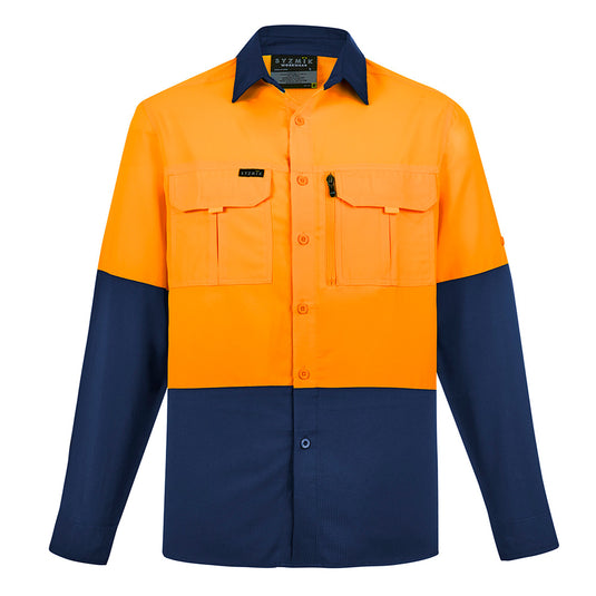 Syzmik Hi Vis L/S Outdoor Work Shirt featuring two chest pockets including a zip closure, roll-up tab sleeves, and underarm mesh for ventilation, designed for lightweight and breathable comfort in work environments.
