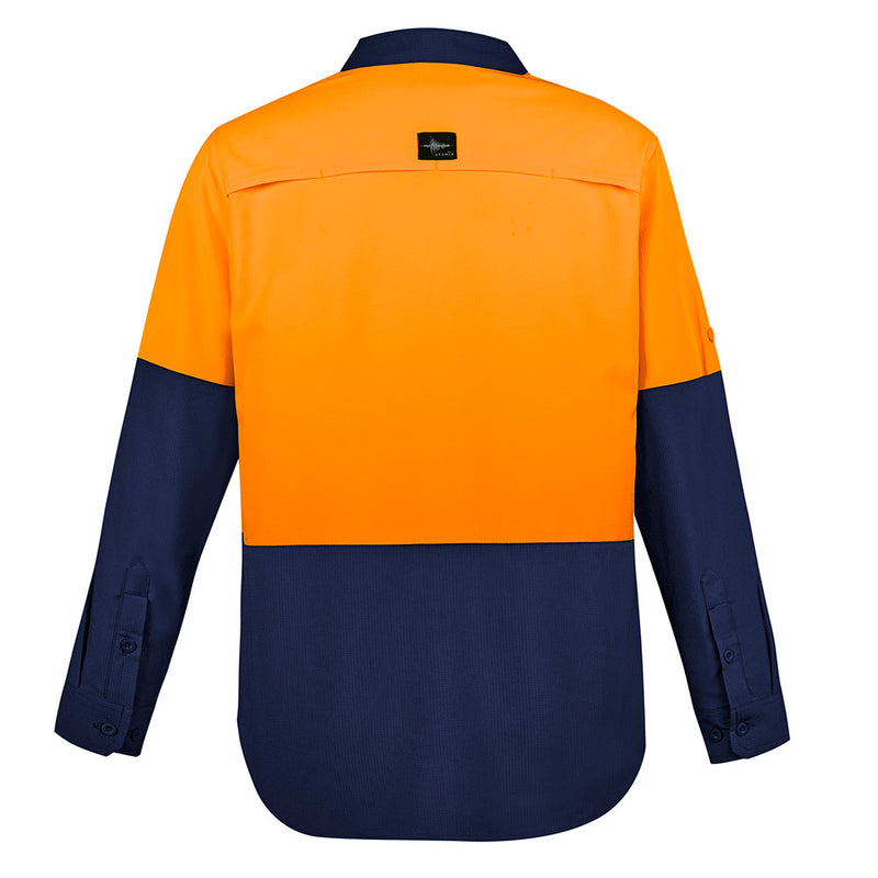 Load image into Gallery viewer, Syzmik Hi Vis L/S Outdoor Work Shirt featuring roll-up tab sleeves, mesh underarms, and upper back venting for airflow, designed for lightweight comfort and practicality with chest pockets suitable for work environments.