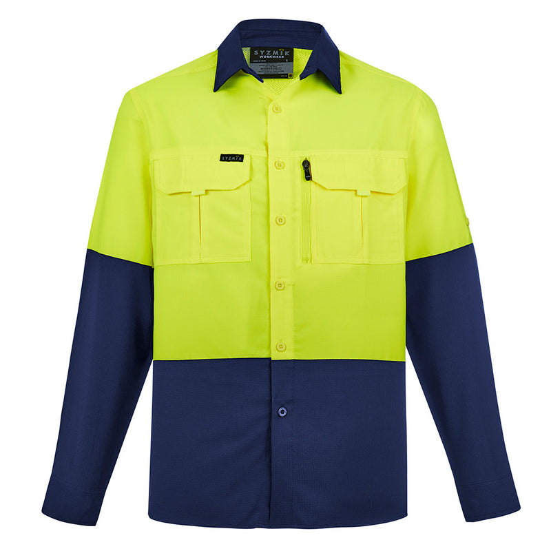 Load image into Gallery viewer, Syzmik Hi Vis L/S Outdoor Work Shirt features roll-up sleeves, two chest pockets, and breathable mesh for airflow, ideal for active work environments.