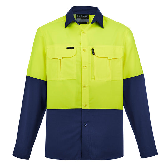 Syzmik Hi Vis L/S Outdoor Work Shirt features roll-up sleeves, two chest pockets, and breathable mesh for airflow, ideal for active work environments.