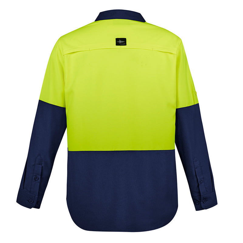 Load image into Gallery viewer, Syzmik Hi Vis L/S Outdoor Work Shirt, showcasing a back view with roll-up tab sleeves and two chest pockets. Designed for breathability and easy packing, ideal for workplace safety and comfort.