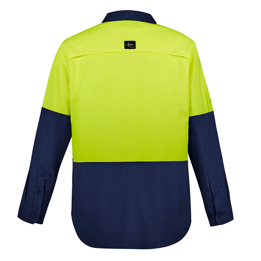 Syzmik Hi Vis L/S Outdoor Work Shirt, showcasing a back view with roll-up tab sleeves and two chest pockets. Designed for breathability and easy packing, ideal for workplace safety and comfort.