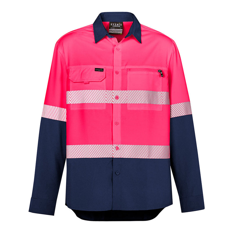 Load image into Gallery viewer, Syzmik Hi Vis Outdoor Segmented Tape L/S Shirt with segmented tape for comfort and breathability, featuring two chest pockets, roll-up tab sleeves, and underarm mesh for maximal airflow. Ideal for safety-focused environments.