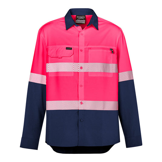 Syzmik Hi Vis Outdoor Segmented Tape L/S Shirt with segmented tape for comfort and breathability, featuring two chest pockets, roll-up tab sleeves, and underarm mesh for maximal airflow. Ideal for safety-focused environments.