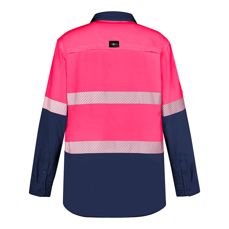 Load image into Gallery viewer, Syzmik Hi Vis Outdoor Segmented Tape L/S Shirt, featuring segmented tape for enhanced comfort and movement, visible two chest pockets, and roll-up tab sleeves. Ideal for workplace safety and comfort.