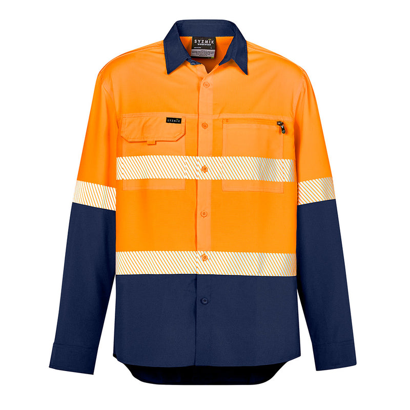 Load image into Gallery viewer, Syzmik Hi Vis Outdoor Segmented Tape L/S Shirt with long sleeves, featuring reflective stripes and underarm mesh for airflow. Includes two chest pockets, one with a zip closure, ideal for safety and comfort.
