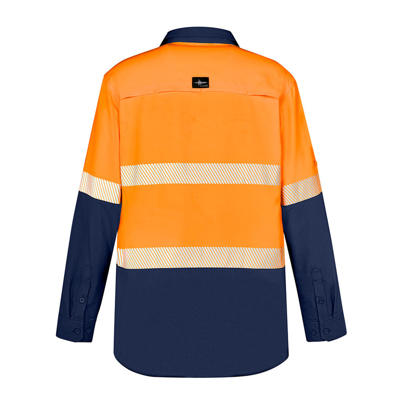 Load image into Gallery viewer, Syzmik Hi Vis Outdoor Segmented Tape L/S Shirt showcasing its long sleeves with reflective stripes, featuring segmented tape for enhanced comfort and breathability, perfect for active safety and work environments.