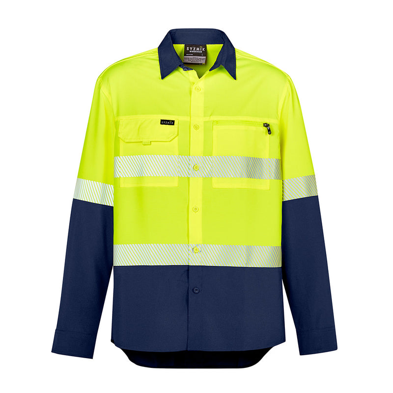 Load image into Gallery viewer, Syzmik Hi Vis Outdoor Segmented Tape L/S Shirt, showcasing a lightweight design with segmented tape for improved comfort and breathability, featuring roll-up tab sleeves and two chest pockets, suitable for safety-focused environments.