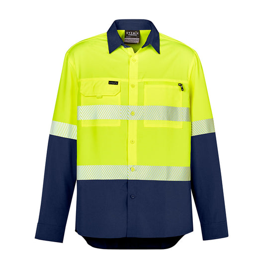 Syzmik Hi Vis Outdoor Segmented Tape L/S Shirt, showcasing a lightweight design with segmented tape for improved comfort and breathability, featuring roll-up tab sleeves and two chest pockets, suitable for safety-focused environments.