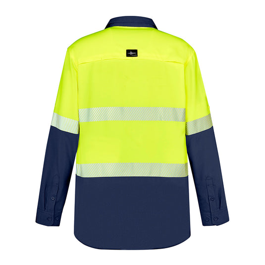 Syzmik Hi Vis Outdoor Segmented Tape L/S Shirt features segmented tape and two chest pockets, enhancing comfort and breathability, suitable for safety and active work environments.