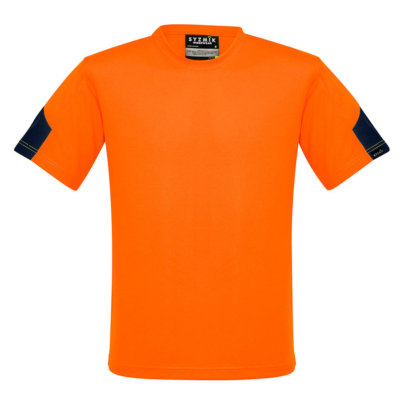 Load image into Gallery viewer, Syzmik Hi Vis Squad T-Shirt, designed for the food industry, features a button-free placket and side arm detail, crafted from breathable, moisture-wicking polyester, ideal for active workplace safety environments.