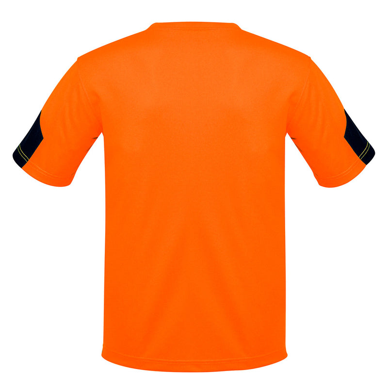 Load image into Gallery viewer, Syzmik Hi Vis Squad T-Shirt, featuring a sleek design with black patches on the back and sleeves, made from breathable, moisture-wicking 100% polyester, ideal for safety-focused work environments.
