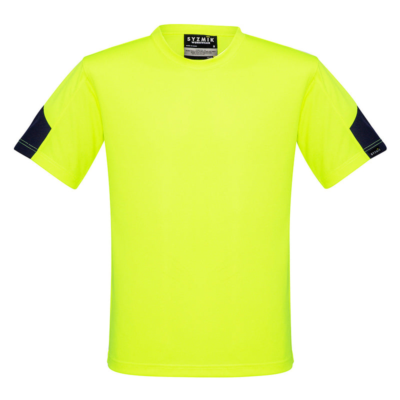 Load image into Gallery viewer, Syzmik Hi Vis Squad T-Shirt, featuring black stripes and side arm design detail, crafted from highly breathable, moisture-wicking polyester. Ideal for the food industry with a button-free placket.