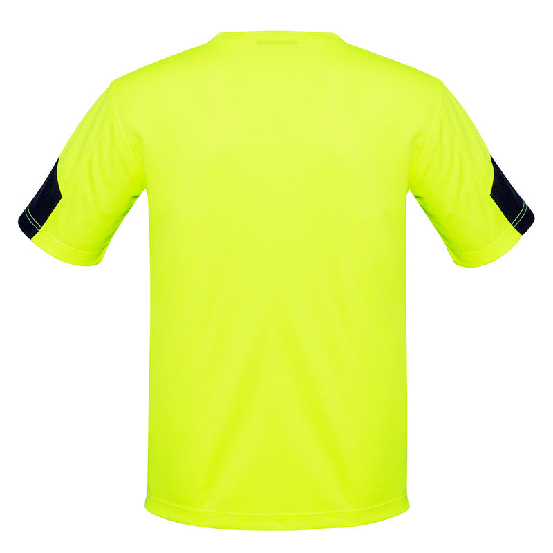 Load image into Gallery viewer, Syzmik Hi Vis Squad T-Shirt featuring black sleeves and unique side arm detail. Crafted from breathable, moisture-wicking polyester, it's designed for safety and comfort in active work environments.