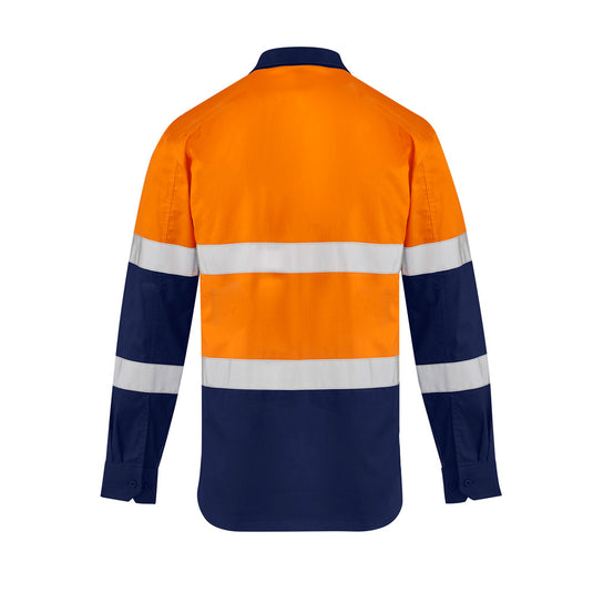 Syzmik Hi Vis Lightweight Bio Motion Shirt, shown from the back, features long sleeves, bio motion arm taping, underarm mesh vents, and dual chest pockets with button closures for enhanced visibility and comfort.