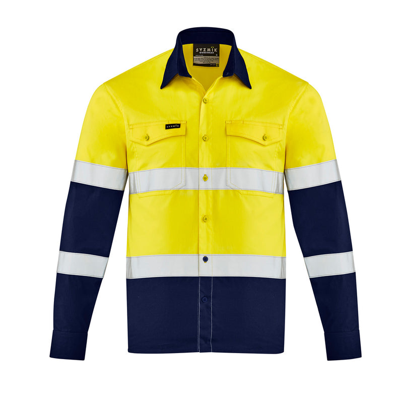 Load image into Gallery viewer, Syzmik Hi Vis Lightweight Bio Motion Shirt featuring white stripes, bio motion arm taping, underarm mesh vents, and chest pockets with button closures, designed for enhanced visibility and comfort in workplace settings.