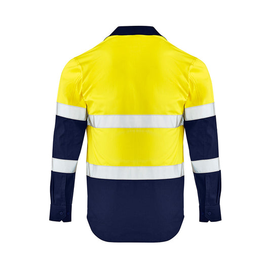 Syzmik Hi Vis Lightweight Bio Motion Shirt featuring white stripes and bio motion arm taping, designed with mesh vent inserts and chest pockets for functionality and enhanced visibility.