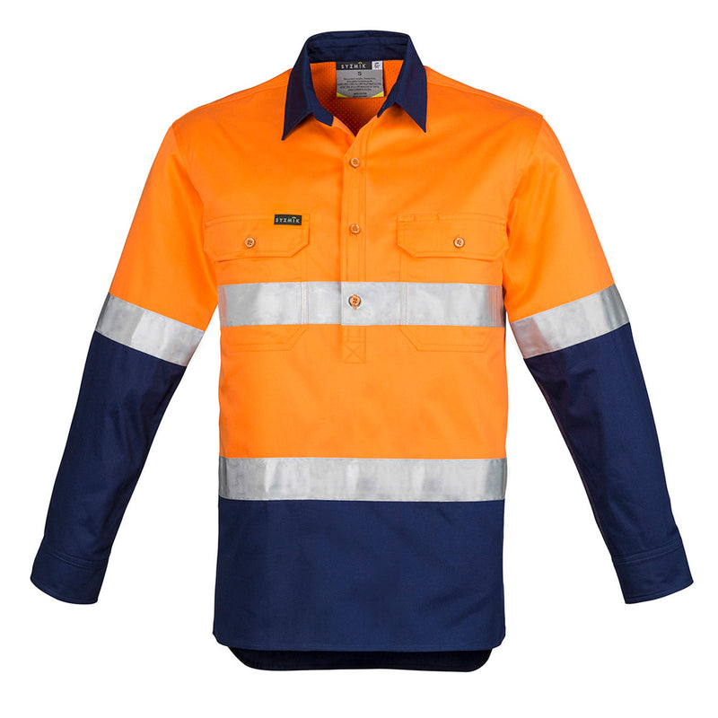 Load image into Gallery viewer, Syzmik Hi Vis Closed Front Taped L/S Work Shirt featuring half-length buttons, two chest pockets with button closures and pen partition, ideal for work environments needing durable, ventilated, high-visibility attire.