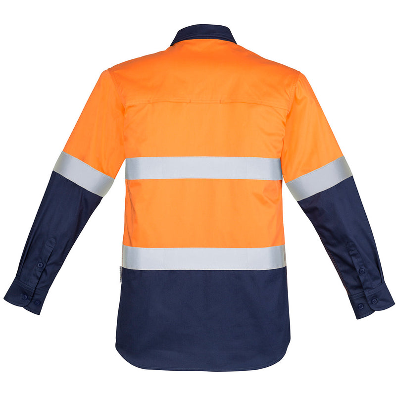 Load image into Gallery viewer, Syzmik Hi Vis Closed Front Taped L/S Work Shirt with underarm and back mesh vents, button-down chest pockets, and protective half-length button closure, ideal for tough work environments.