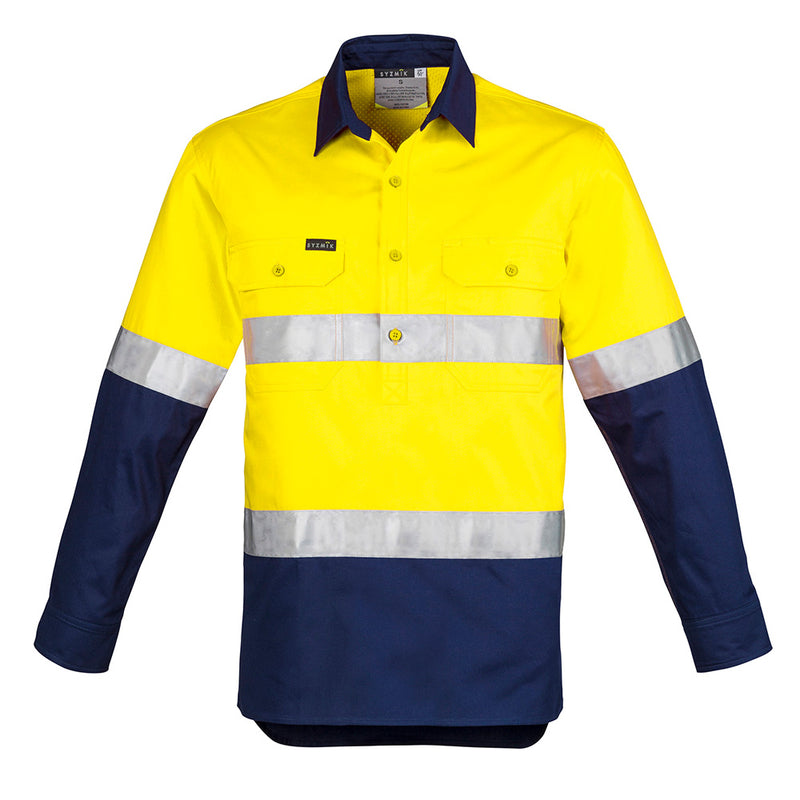 Load image into Gallery viewer, Syzmik Hi Vis Closed Front Taped L/S Work Shirt with reflective stripes, featuring durable 100% cotton twill, mesh vent inserts for cooling, and chest pockets with button closures, ideal for safety-conscious workplaces.