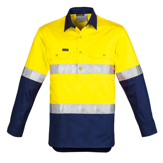 Syzmik Hi Vis Closed Front Taped L/S Work Shirt with reflective stripes, featuring durable 100% cotton twill, mesh vent inserts for cooling, and chest pockets with button closures, ideal for safety-conscious workplaces.