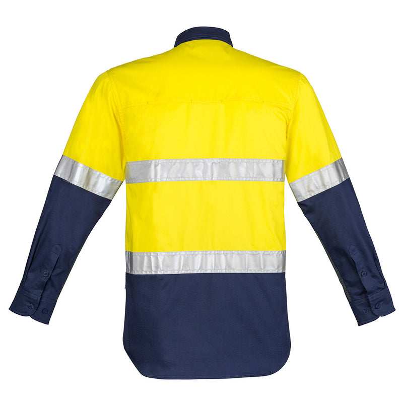 Load image into Gallery viewer, Syzmik Hi Vis Closed Front Taped L/S Work Shirt featuring reflective stripes, mesh vent inserts, and buttoned chest pockets, designed for durability and safety in demanding work environments.