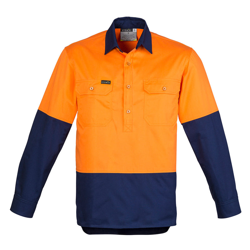 Load image into Gallery viewer, Syzmik Hi Vis Closed Front L/S Work Shirt showcasing its durable 100% cotton twill fabric with mesh vent inserts, featuring two chest pockets with button closures and a protective half-button front design.