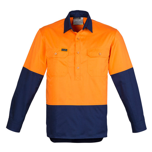 Syzmik Hi Vis Closed Front L/S Work Shirt showcasing its durable 100% cotton twill fabric with mesh vent inserts, featuring two chest pockets with button closures and a protective half-button front design.