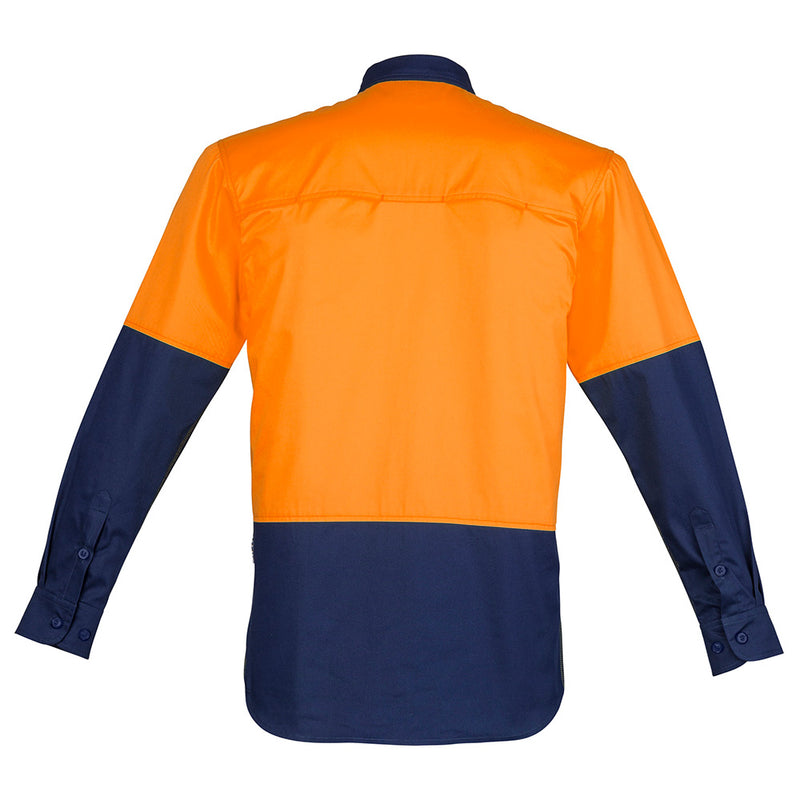Load image into Gallery viewer, Syzmik Hi Vis Closed Front L/S Work Shirt features mesh vent inserts and chest pockets with button closures, ideal for active safety environments.