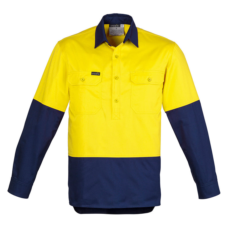 Load image into Gallery viewer, Syzmik Hi Vis Closed Front L/S Work Shirt, featuring durable cotton twill with mesh vent inserts, half-button front, and dual chest pockets for utility, ideal for safety and workplace environments.